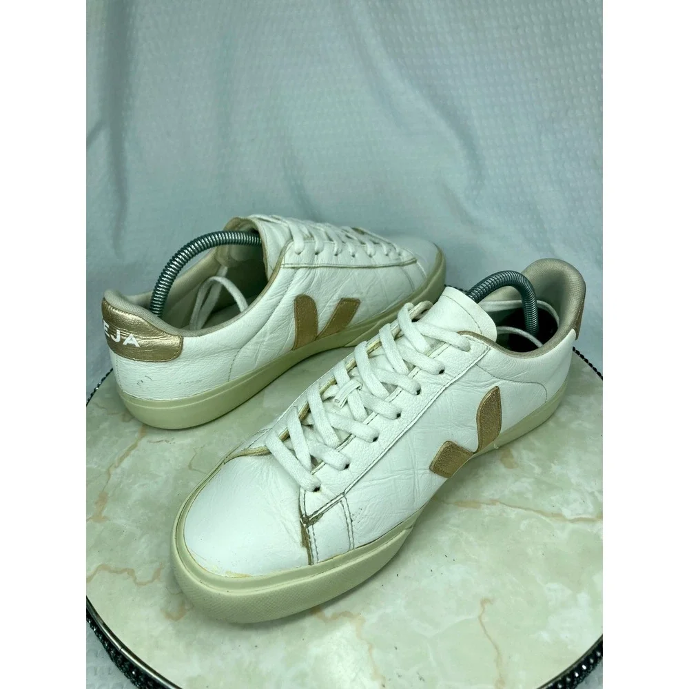 Veja Esplar Metallic Leather Shoes Women 9.5 Gold White Low Top Lace Up Sneakers